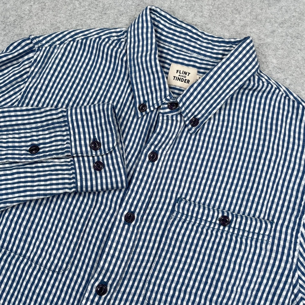 Flint and Tinder Double Gauze Shirt Mens Medium Blue Gingham Check Button Down